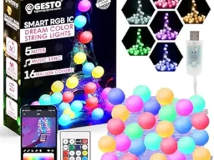 Gesto 5V Ball Shape Serial String Lights - USB Smart Music Sync Led Lights with Remote and App Control,RGB Color Changing Fairy Lights (5 Meter, 33 Led,Multicolor) .