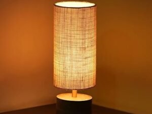 ExclusiveLane 'Volta' Mango Wooden Table Lamp for Bedroom (14 Inch, Linen & Wood, Without Bulb, Pack of 1) | CFL/LED Table Lamp for Living Room Decoration Bedside Lamp Bedside Table Lamps for Bedroom