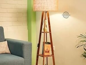 Crosscut Furniture Wooden Floor Lamp with Shelf (Natural Jute). LED Bulb Included