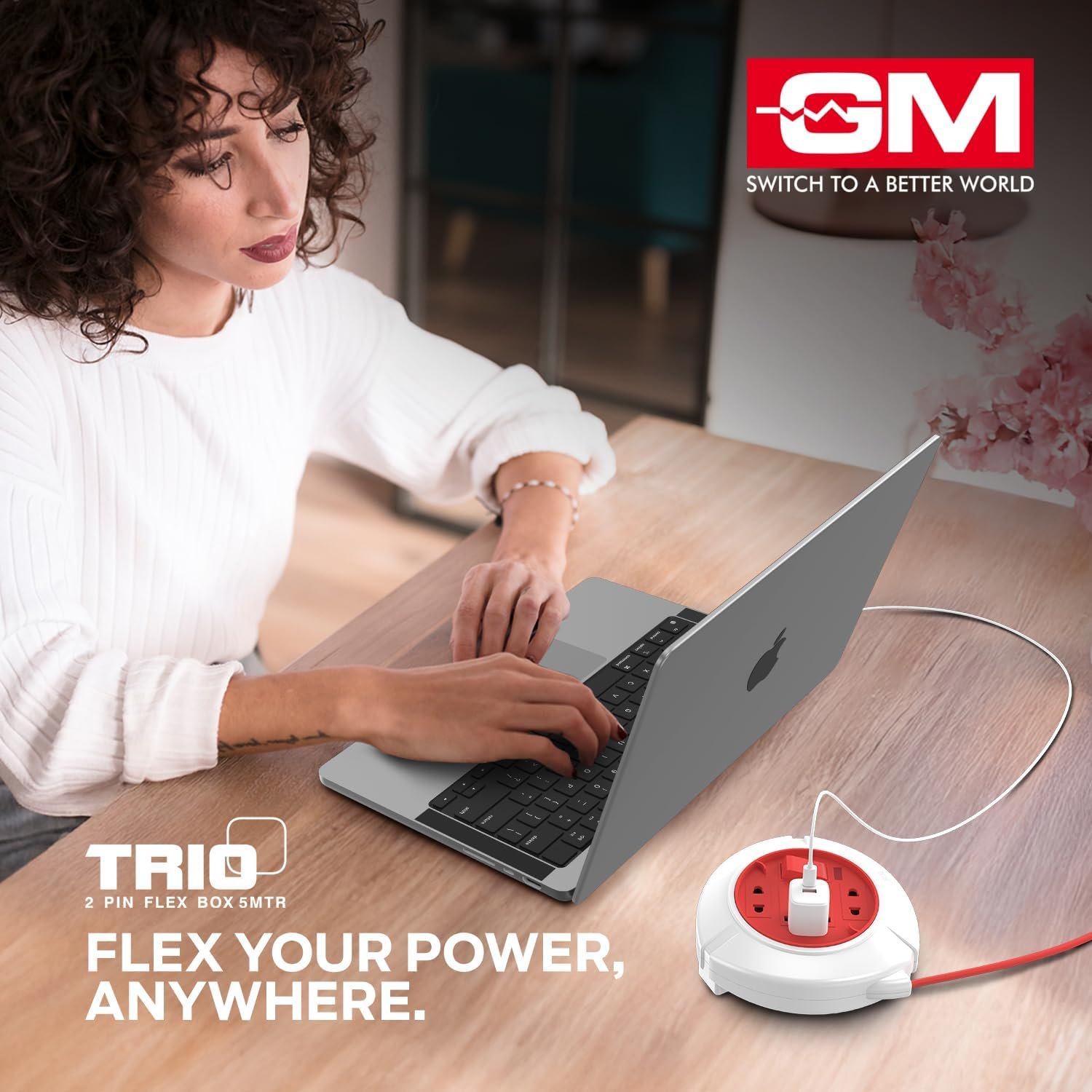 GM 3041 Trio 2-Pin Flex Box with 5M Copper Cord | Universal 3-Pin & 2-Pin Sockets | Master Switch, LED Indicator | Safety Sleeve, Cable Guard, Polycarbonate Body | Home & Office Use - Image 3