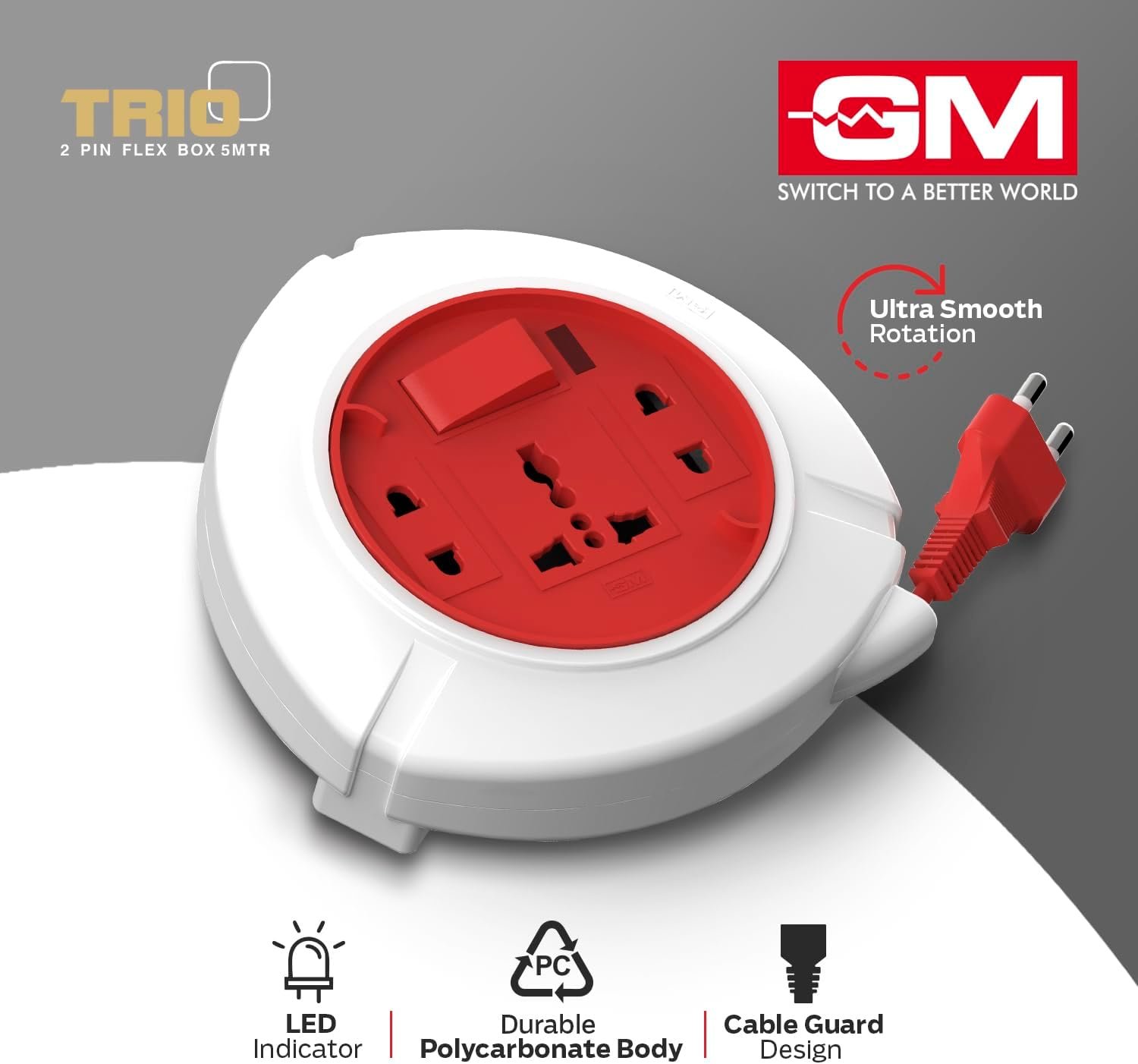 GM 3041 Trio 2-Pin Flex Box with 5M Copper Cord | Universal 3-Pin & 2-Pin Sockets | Master Switch, LED Indicator | Safety Sleeve, Cable Guard, Polycarbonate Body | Home & Office Use - Image 4