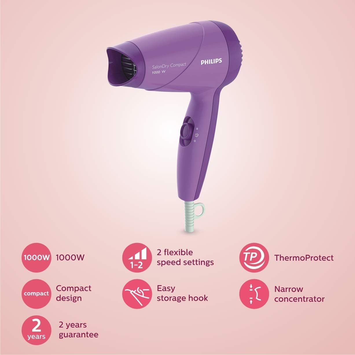 Philips India's No.1 Hair Styling Brand -Hair Dryer 1000W |Blow Dry for Men & Women | 2 Heat Settings| ThermoProtect tech |Travel-Friendly, Quick Dry, Frizz Control | For Indian Hair |HP8100/46 Purple - Image 3