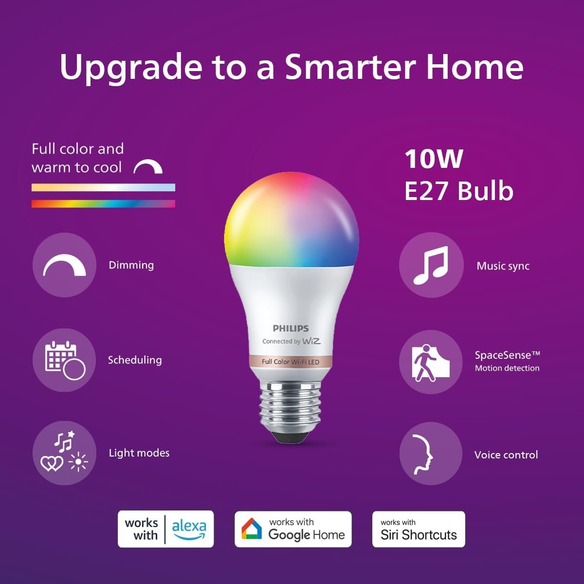 PHILIPS WiZ 10W E27 Wi-Fi & Bluetooth LED Smart Bulb with Music Sync, Compatible with Amazon Alexa & Google Assistant, 16 Million Colours & Motion Sensing Technology | Pack of 1 - Image 3