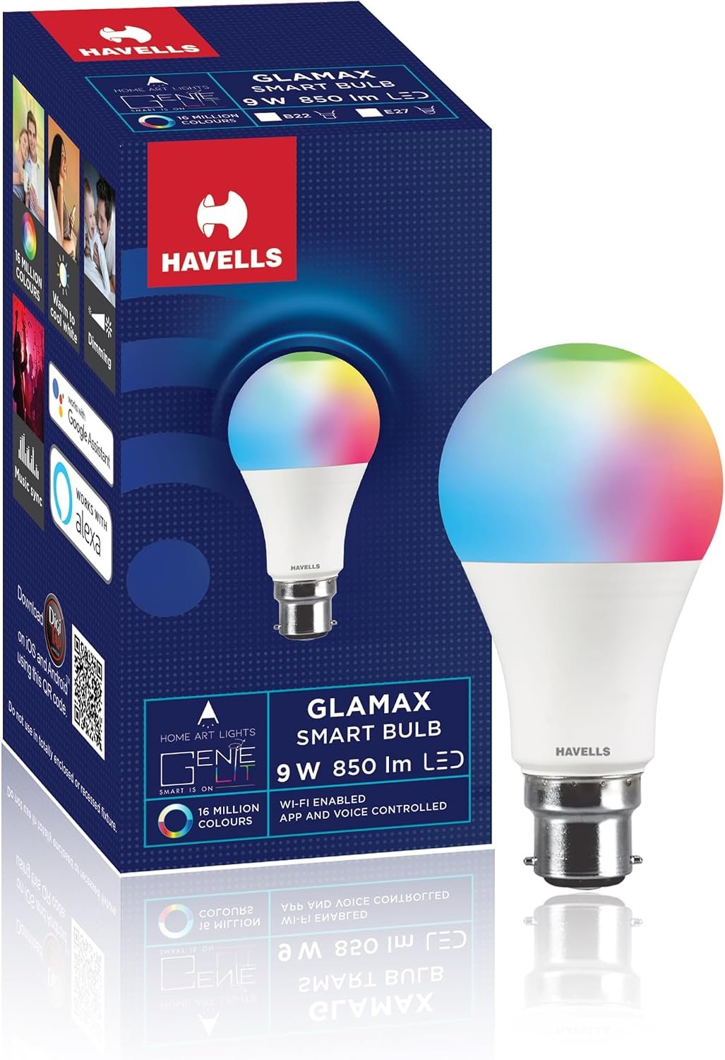 Havells Glamax 9W B22 WiFi LED Smart Bulb with Music Sync Function, Compatible with Amazon Alexa and Google Assistant (16M Colours) - Image 2